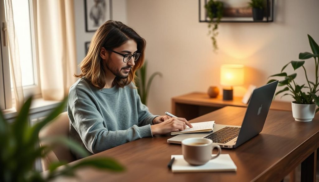 Creator di contenuti che lavora su un blog da casa