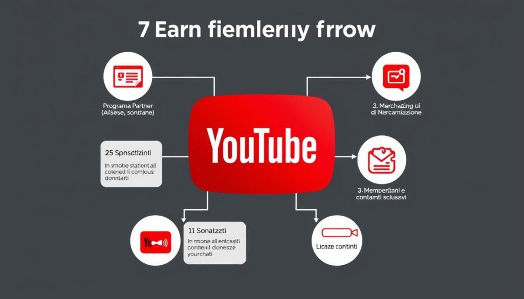 I 7 metodi principali per guadagnare da YouTube illustrati con icone