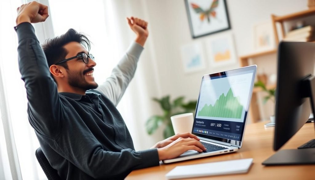 Persona che celebra il successo di guadagno online Persona che celebra il successo di guadagno online