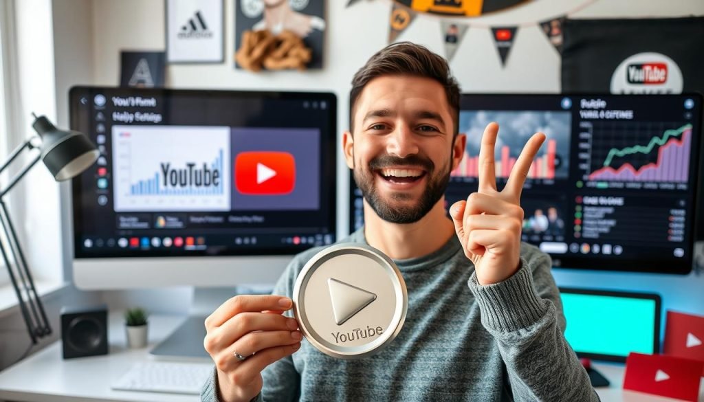 Persona che celebra il successo su YouTube con badge e statistiche positive