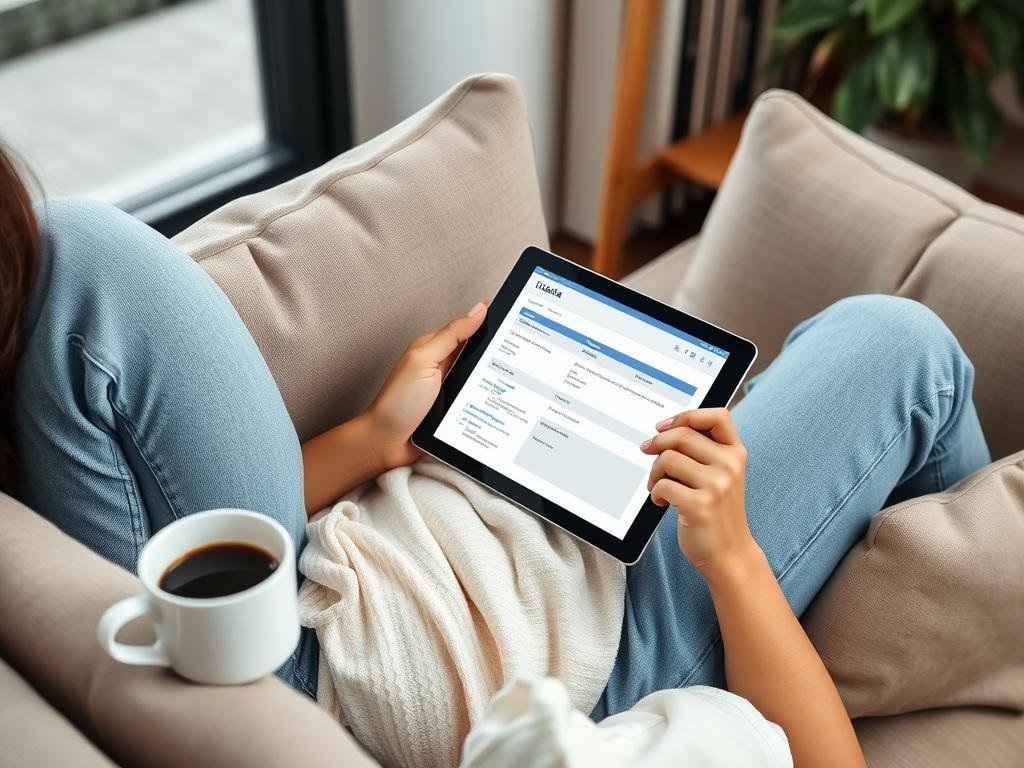 Persona che completa sondaggi online sul divano di casa