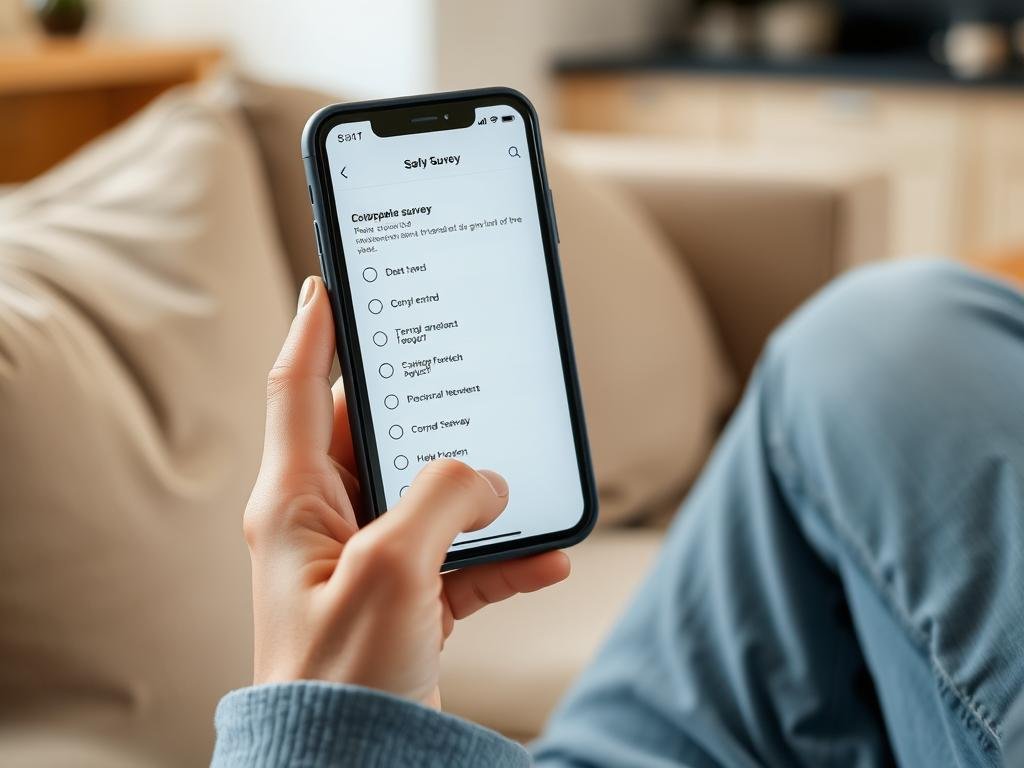 Persona che completa sondaggi online sul telefono Persona che completa sondaggi online sul telefono
