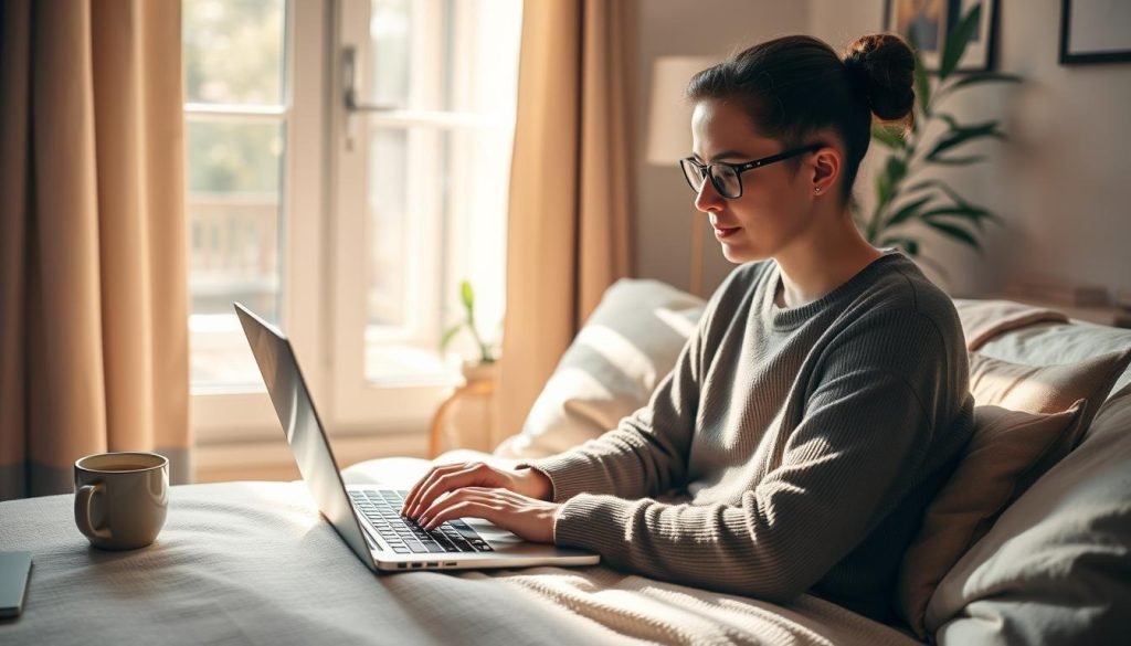 Persona che lavora online da casa con laptop Persona che lavora online da casa con laptop