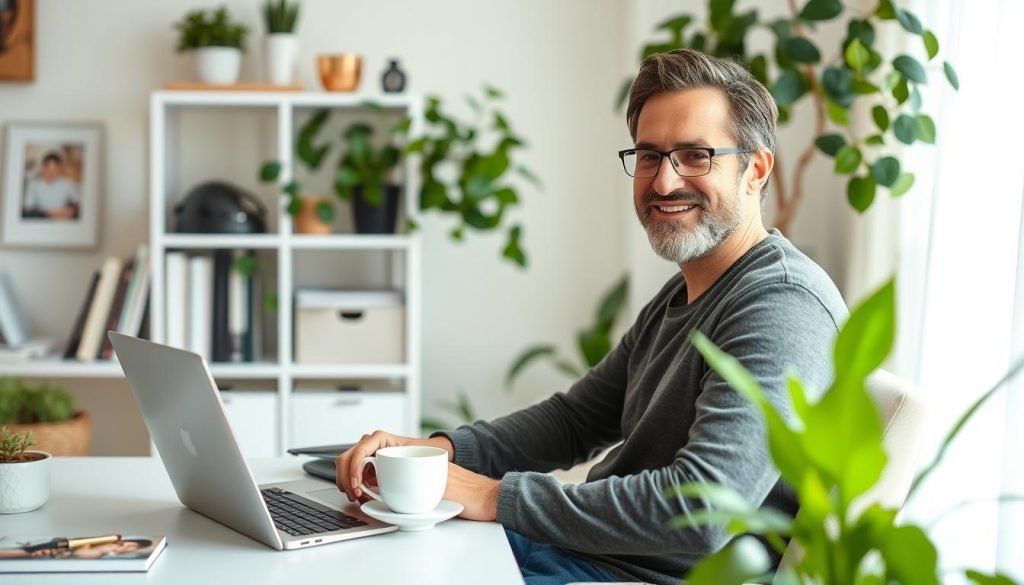 Persona soddisfatta che lavora da casa in un ambiente confortevole