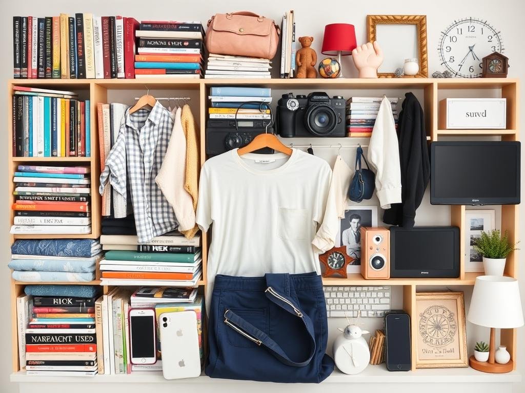 Collezione di oggetti usati pronti per essere venduti online per guadagnare 1 euro al giorno Collezione di oggetti usati pronti per essere venduti online per guadagnare 1 euro al giorno