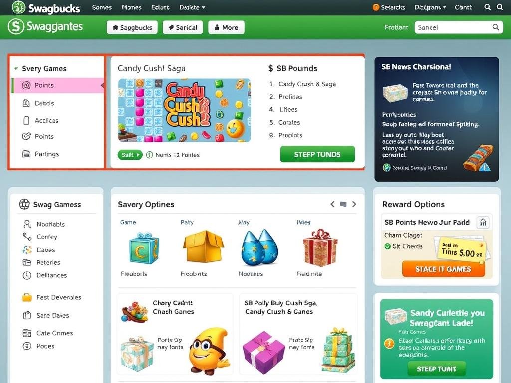 Dashboard di Swagbucks con sezione giochi e Candy Crush in evidenza