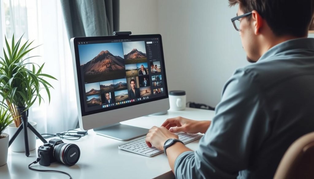 Fotografo che prepara immagini da vendere online per guadagnare da casa senza investire