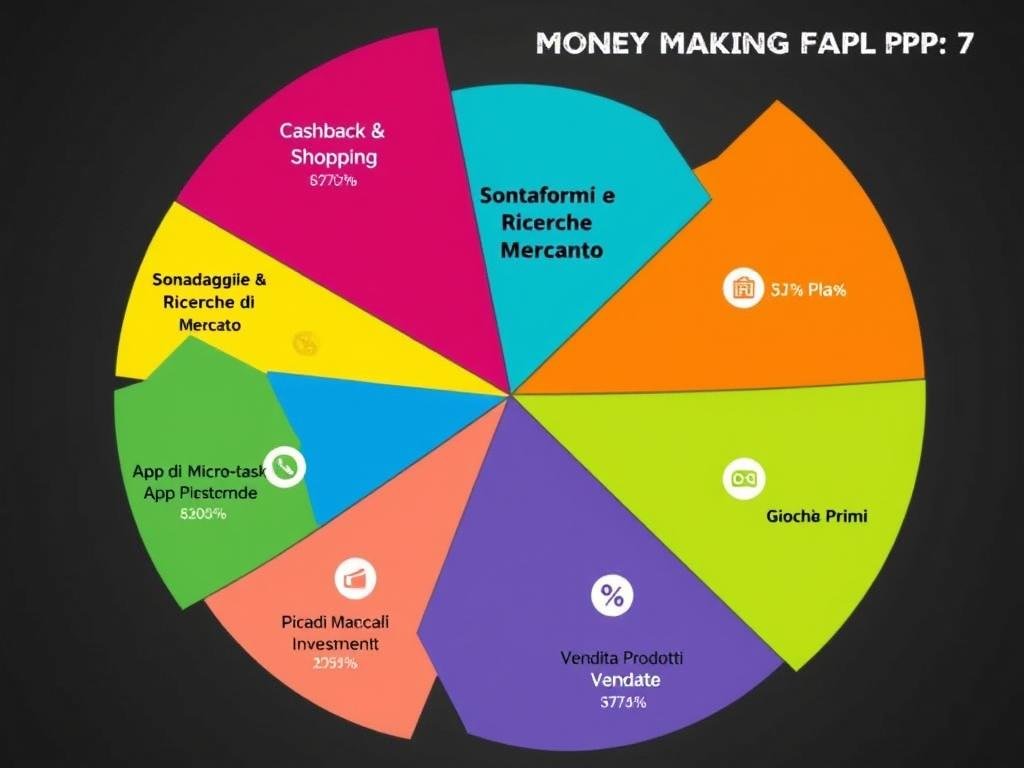 Le 7 categorie di app per guadagnare soldi mostrate in un grafico colorato
