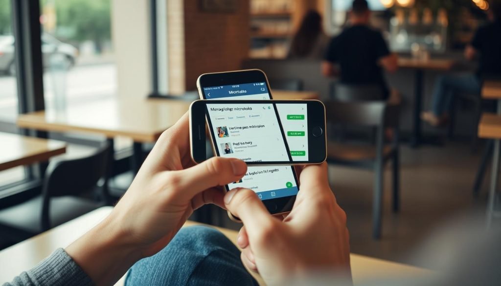 Persona che completa microtask su smartphone per guadagnare gratis