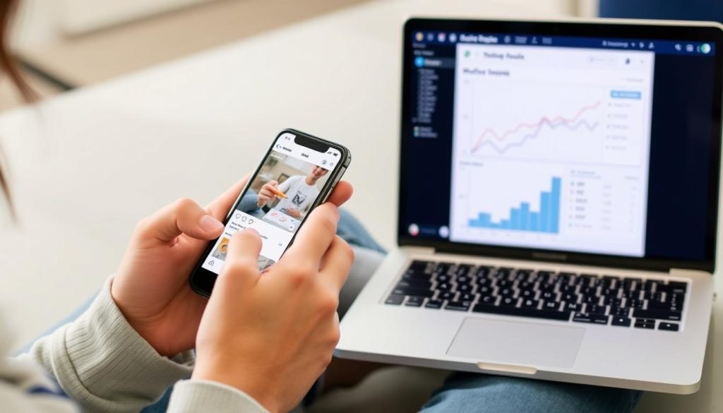 Persona che crea contenuti per social media su smartphone per guadagnare 1 euro al giorno