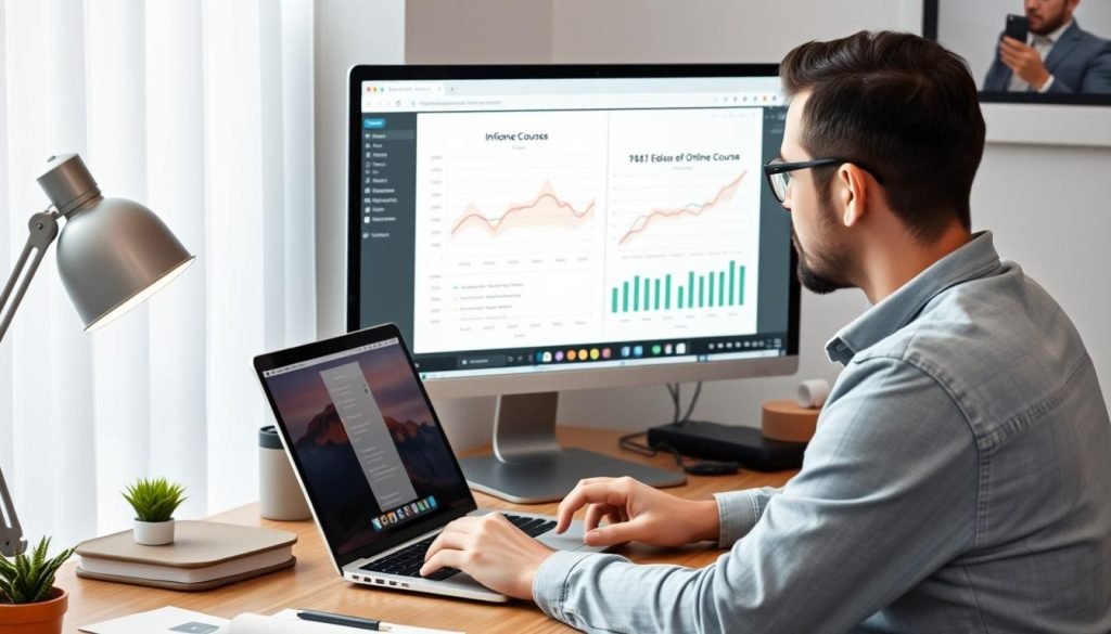 Persona che crea un corso online o ebook, mostrando il processo di guadagnare passivamente con contenuti digitali