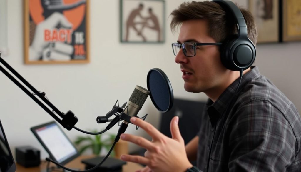 Persona che registra un podcast da casa per guadagnare online senza investire