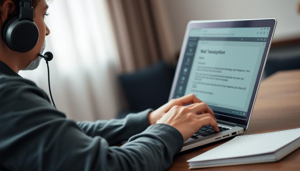 Persona che trascrive audio con cuffie per guadagnare da casa senza investire