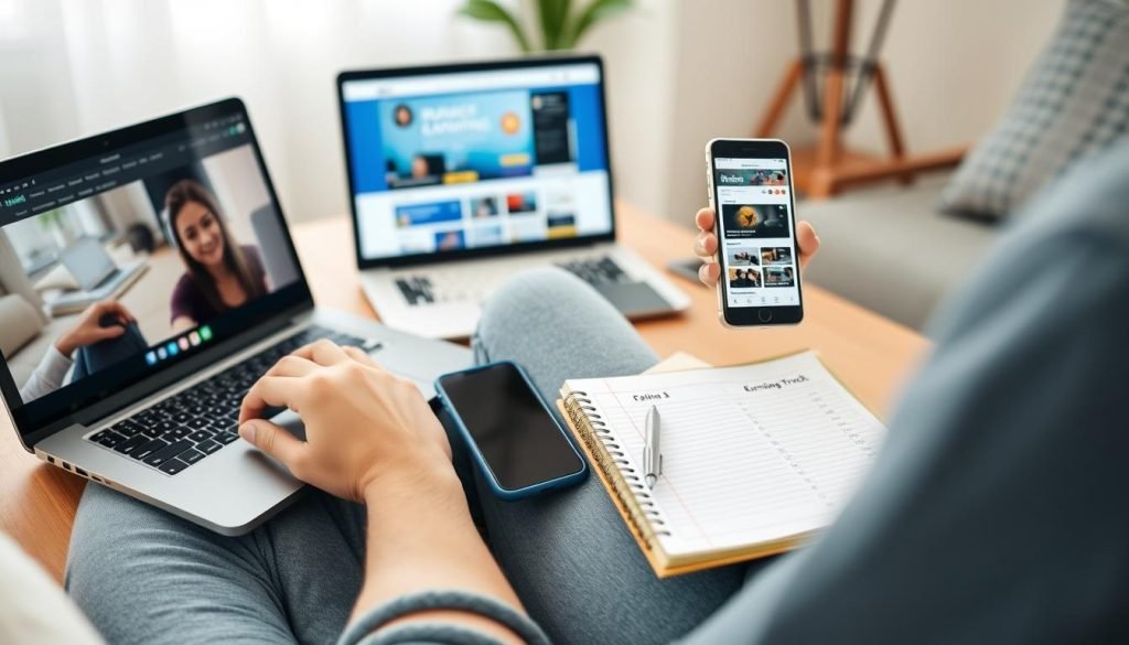 Persona che utilizza più dispositivi per guadagnare vedendo pubblicità