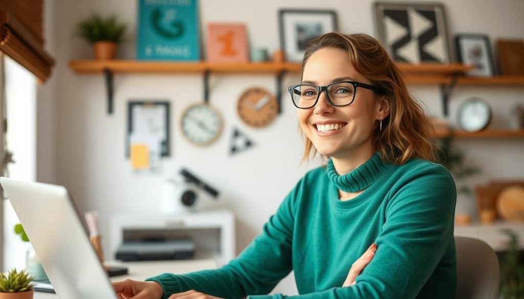 Persona soddisfatta che lavora da casa per guadagnare online senza investire