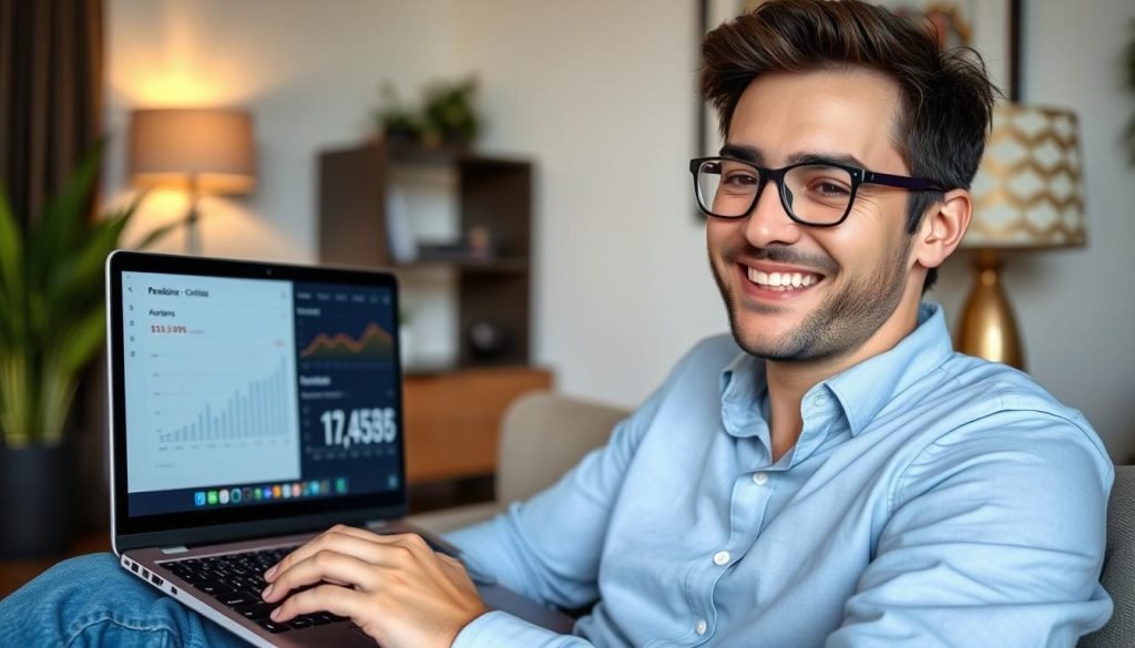 Persona soddisfatta che mostra i guadagni ottenuti leggendo articoli online