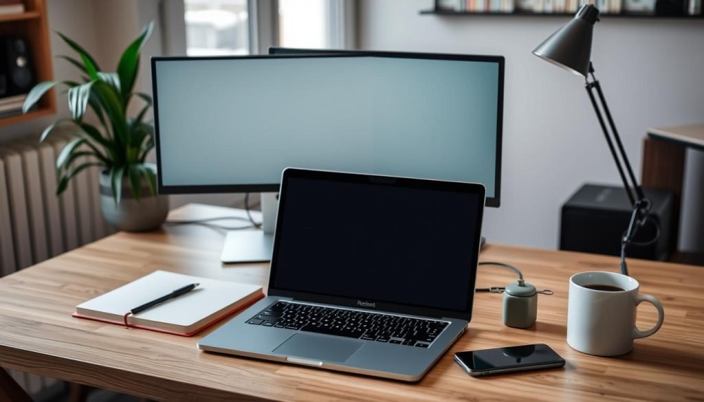 Scrivania con strumenti per il lavoro da remoto