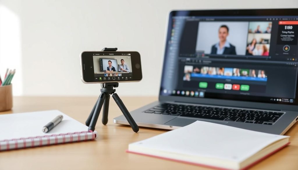 Setup per creazione di contenuti con smartphone e laptop