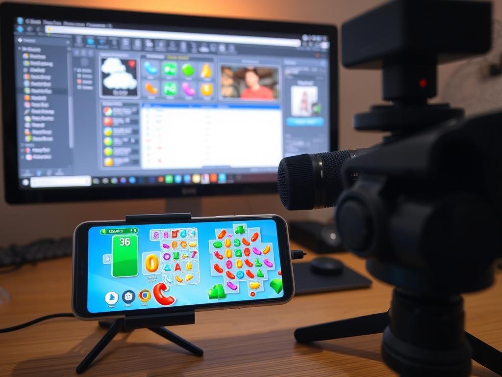 Setup per lo streaming di Candy Crush con smartphone, microfono e webcam
